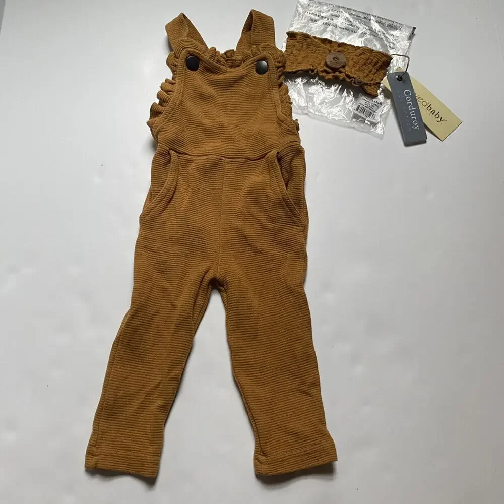 NEW L'ovedbaby Butterscotch Mustard Yellow Corduroy Romper Overalls Headband